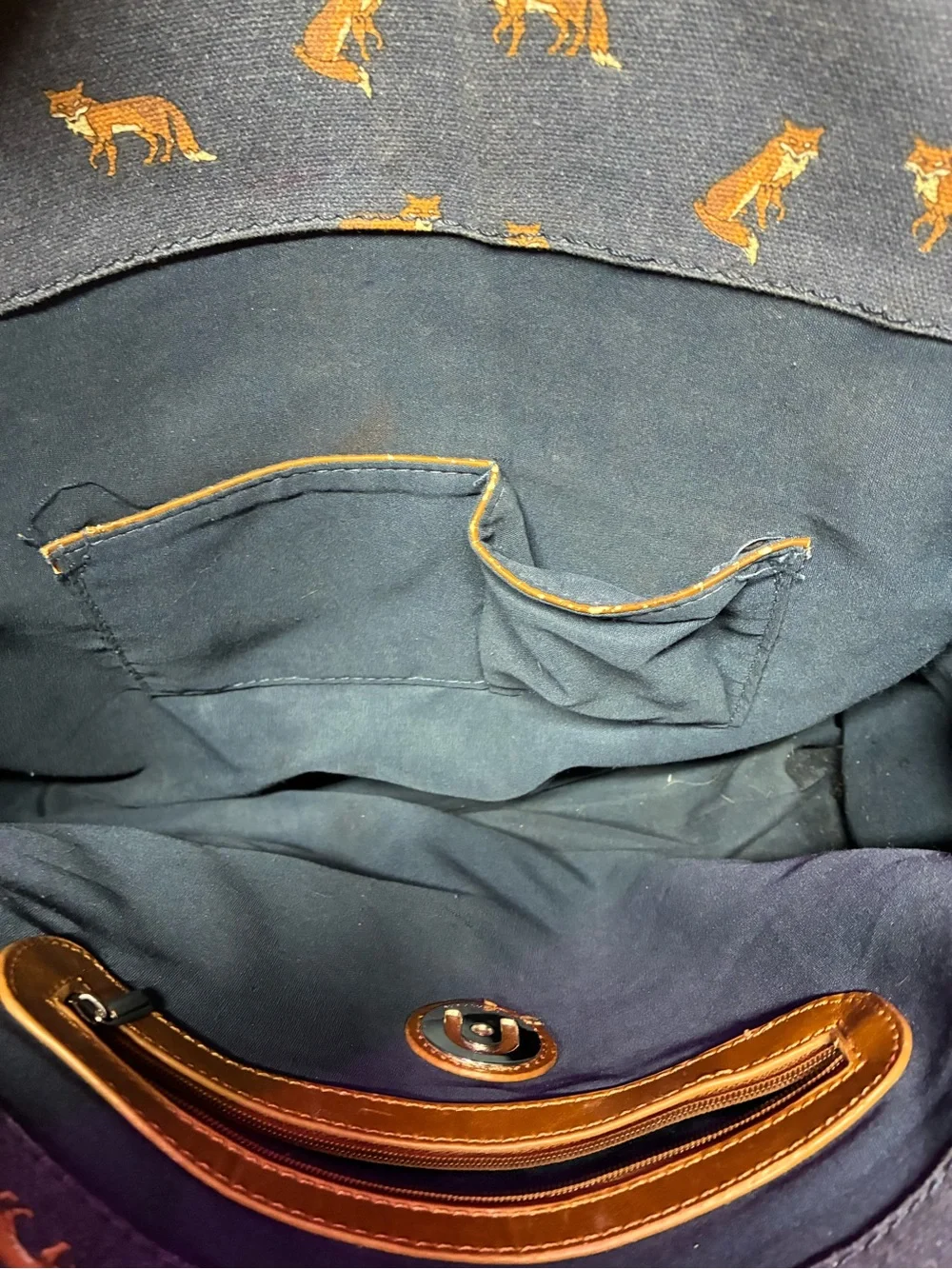RARE Nila Anthony Vintage Button Clip Shopper Tote w/ Fox Print Brass Hardware